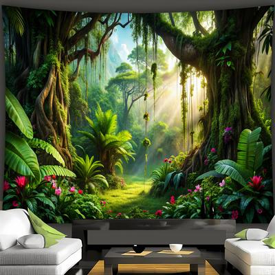 Tropischer Regenwald Wandteppich, Üppiger Dschungel mit Sonnenlicht und Wasserfall, Naturlandschaft Wandkunst für Wohnzimmer Schlafzimmer Dekoration