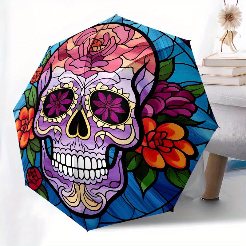 Day of the Dead Sugar Skull Stained Wall Art DecorUmbrella, Portable 3-Fold Compact Umbrella for Men & Women Gift
