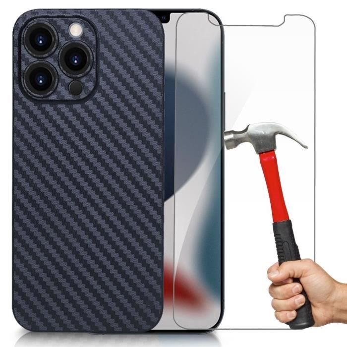 Coque de protection - PROSHOP - pour iPhone 13 Pro Max - Fibre de Carbone - Bleu Marine - 2 Verres Trempés