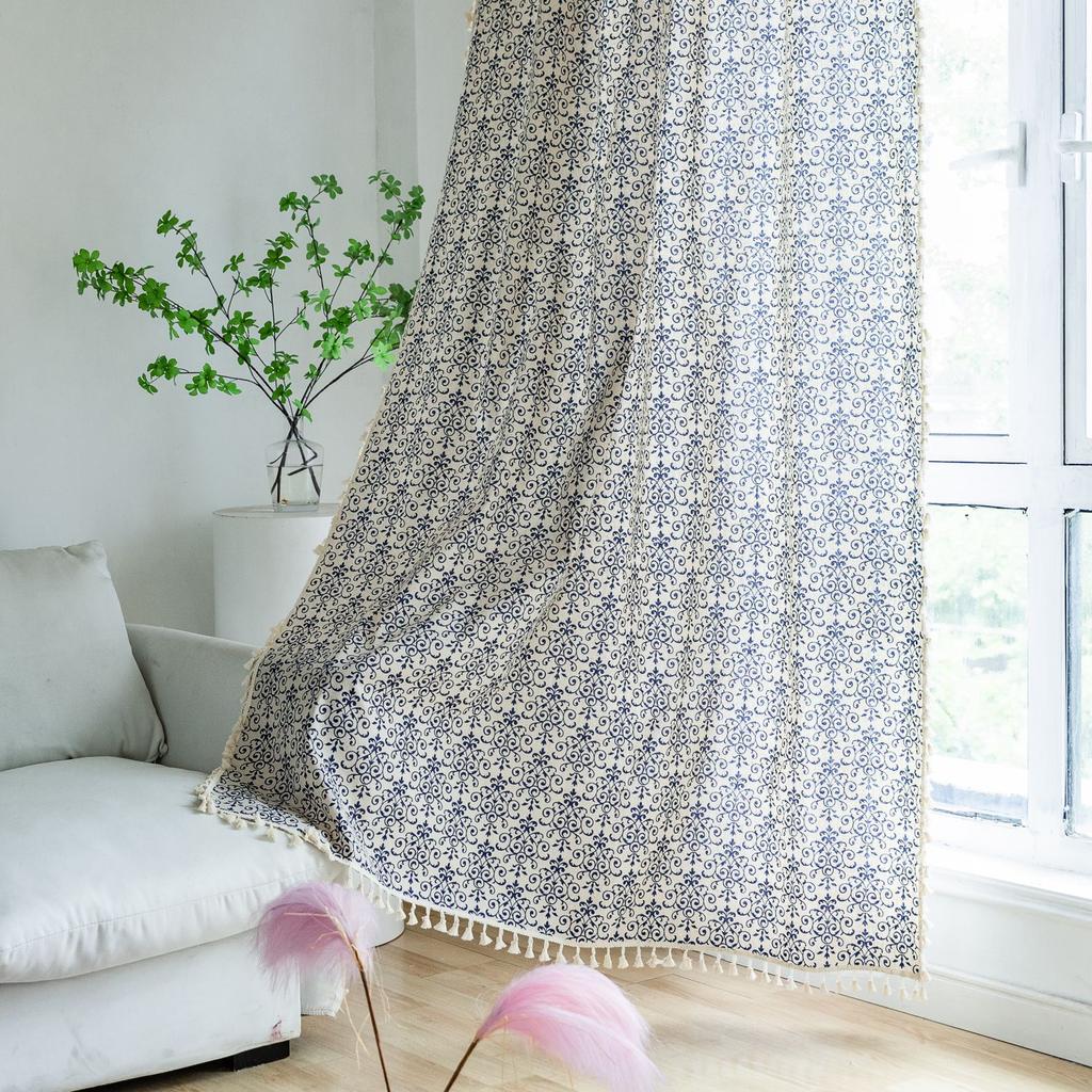 Curtain Finished Coffee Short Curtain Small Window Shame Half Curtain Blue Printed Curtain