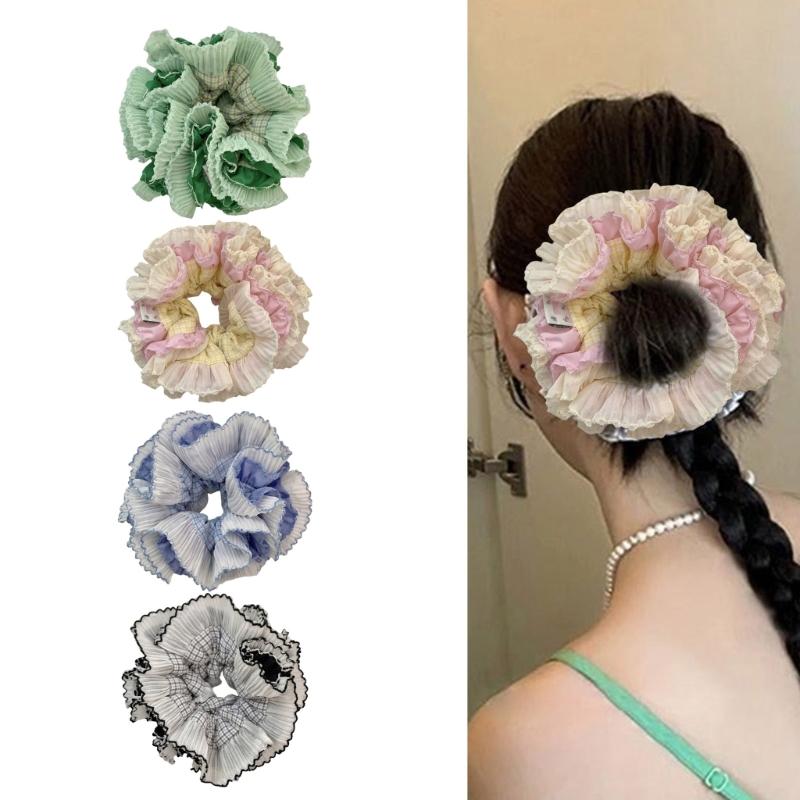 Aesthetic Scrunchies Elastic Multilayer Lace Hair Rope Wedding Party Beach Headwear Big Buns Hair Elastic Check Hairtie
