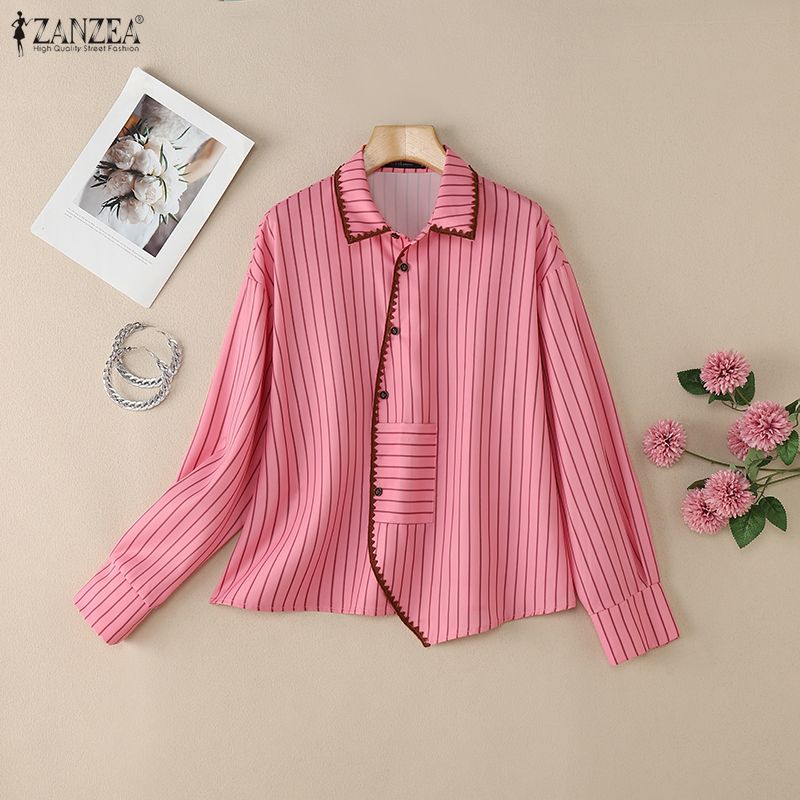 ZANZEA Women Stripe Print Loose Casual Long Sleeve Blouse