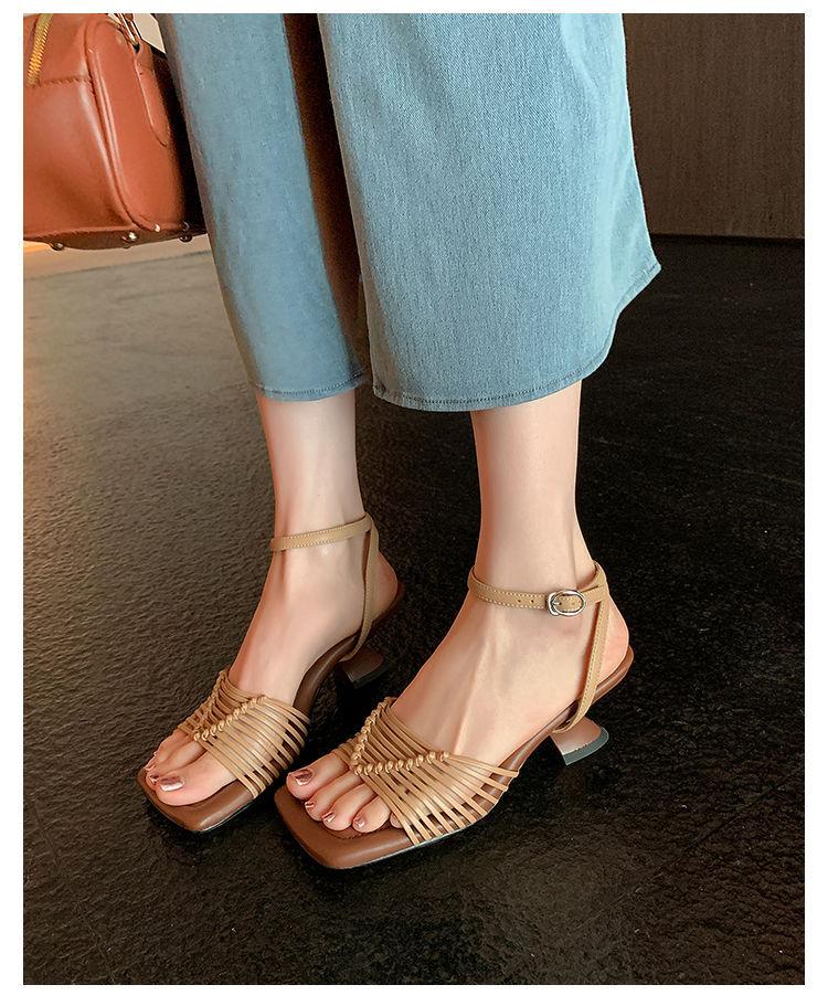 2025 New Square Head High-heeled Sandals Women's Hollowed-out Thin Straps Daily Versatile Weaving Summer Word Straps Fashion Sandals