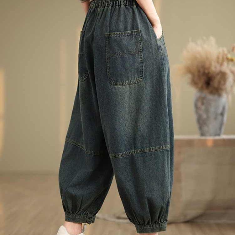 Women's Autumn Elastic Waist Slimming Harem Pants Loose Versatile Nine-Point Pants Retro Plus Size Distressed Denim Jeans