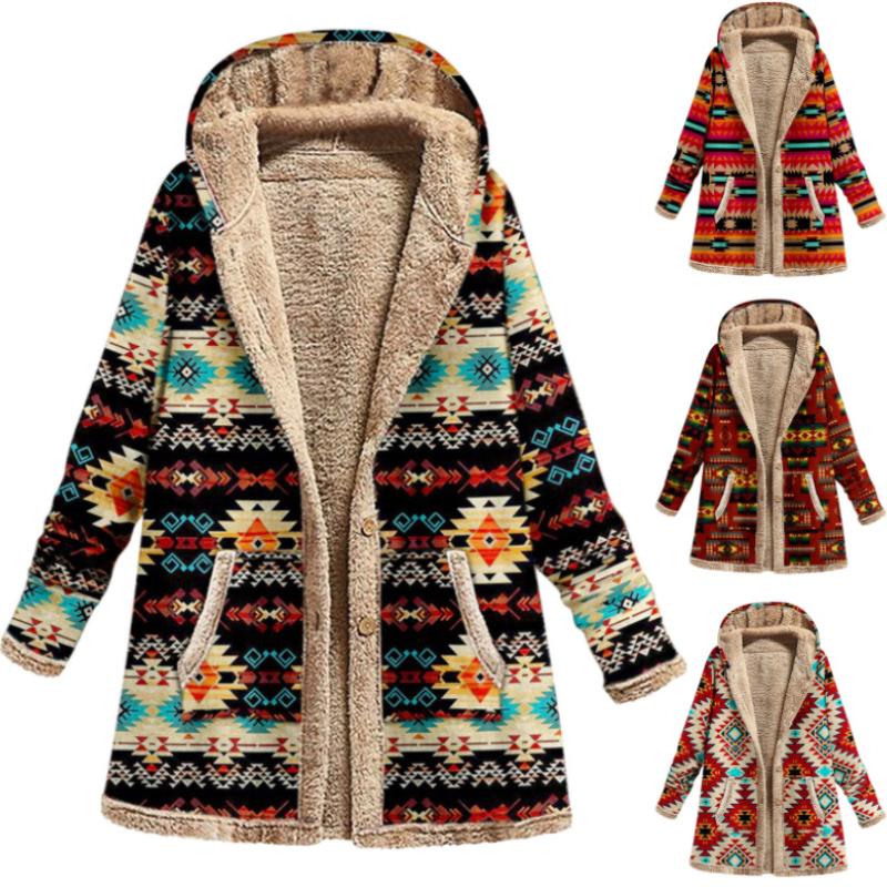 Women Winter Warm Coat Casual Patchwork Loose Boho Jacket Women Long Sleeve Hooded Outwear Fashion Streetwear Lady Clothes