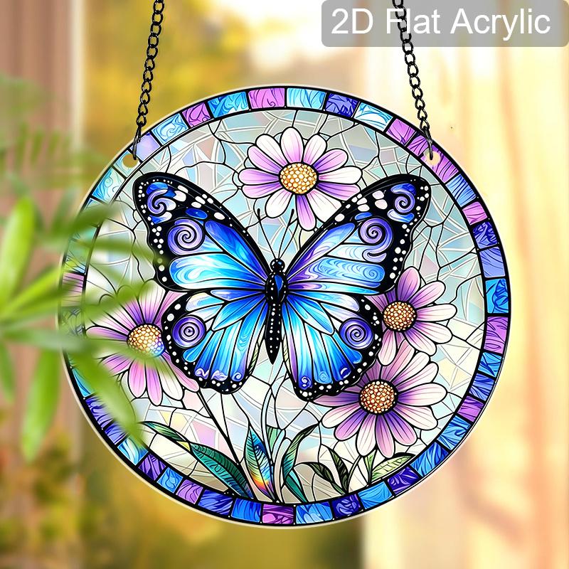 2D Flat Acrylic Butterfly Flower Suncatcher Decorative Hanging Ornament, 7.87/11.81inches Stained Spring Summer Home Balcony Window Wall Garden Tree