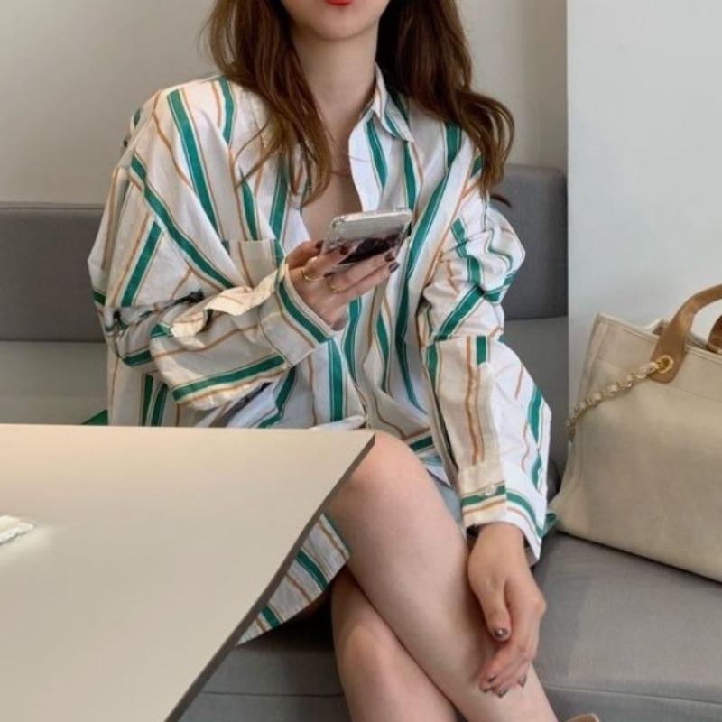Striped Women's Shirt Turndown Collar Single Breasted Contrasting Color Pocket Ladies Blouse Spring Casual Daily Famale Loose Front Open Top