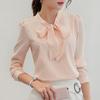 Summer Autumn Women Pink White Chiffon Blouse Fashion Korean Style Bow Tie Collar Ladies Shirt Office Casual Long Sleeve Base Top
