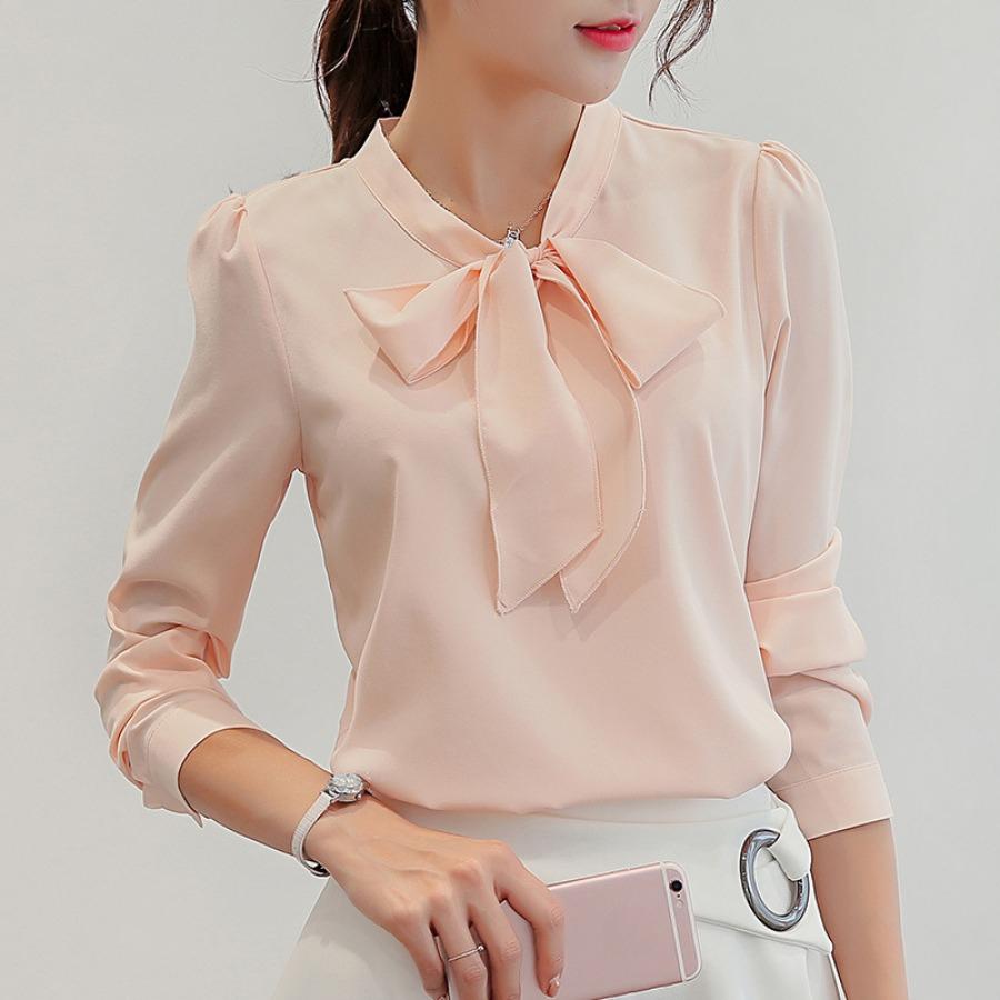 Summer Autumn Women Pink White Chiffon Blouse Fashion Korean Style Bow Tie Collar Ladies Shirt Office Casual Long Sleeve Base Top