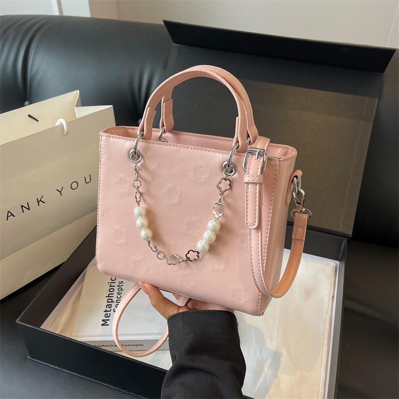 Women's Bag  New French Fairy Style Handbag Fashionable Pearl Beaded Small Print One Shoulder Crossbody Bag Trend