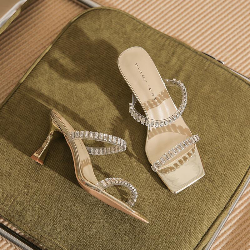 7305 [sheepskin] square head slippers for women's outer wear 2025 new transparent rhinestones with stiletto sandals