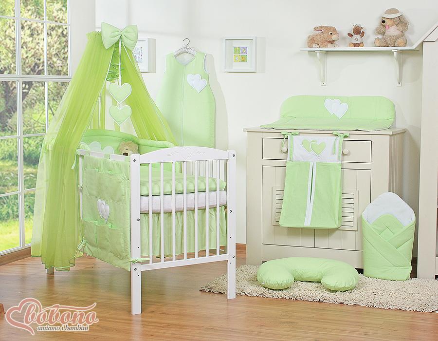 Large chiffon mosquito net for a baby cot with hanging hearts and a bow - green
