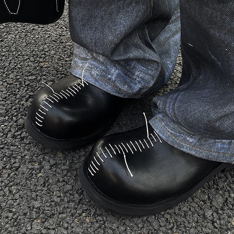 Fashion Handmade Casual Men Shoes Hand-stitched Design Derby Shoes Leather Thick Sole Big Round Toe Shoes