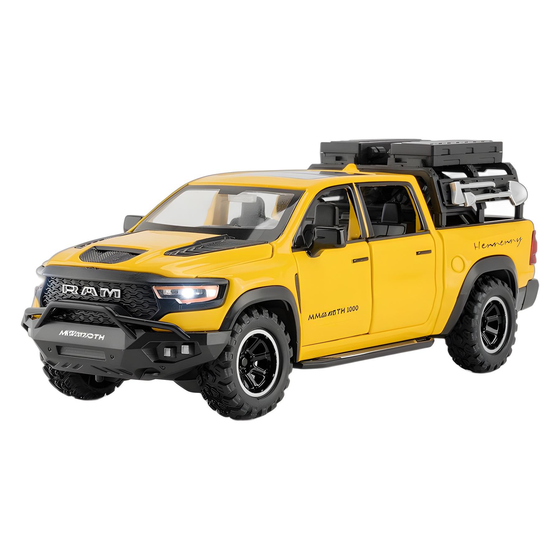 

Пикап Dodge RAM Mammoth в масштабе 1/32, внедорожный, литой, модель игрушечной машины, звук и свет, инерционный, коллекционный, подарок для мальчиков, детей жёлтый