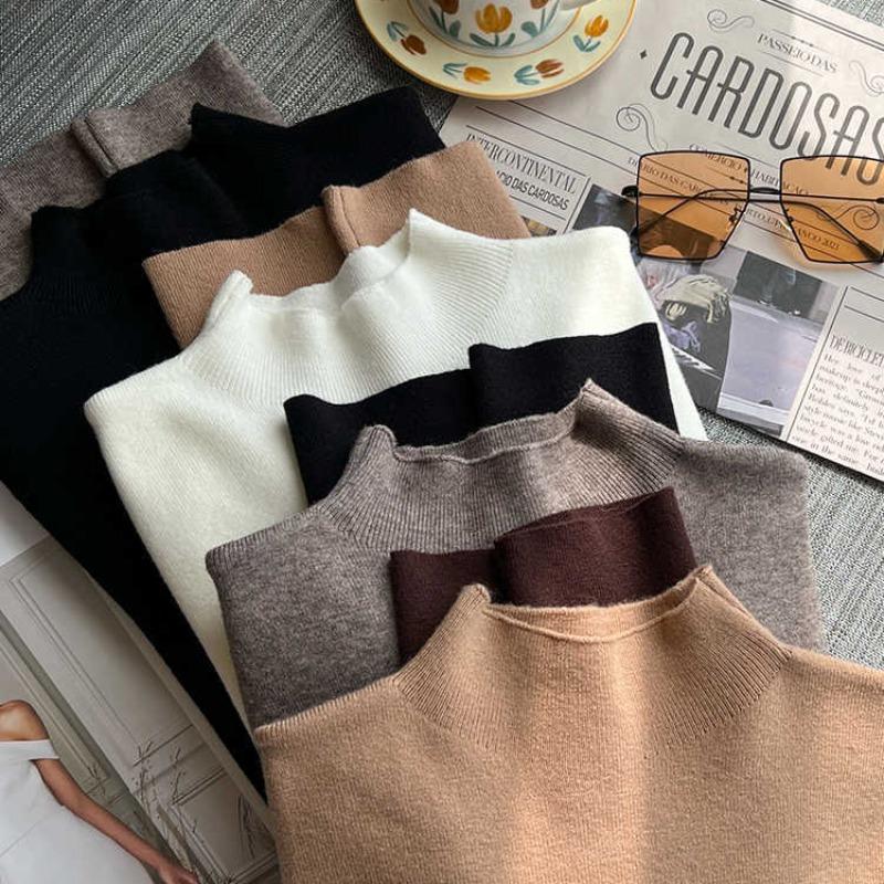 Elegant Semi Turtleneck Knitted Women's Bottom Sweater Fashion Autumn Winter Long Sleeve Casual Splice Tops Fashion Slim Fit Office Basic Clothing