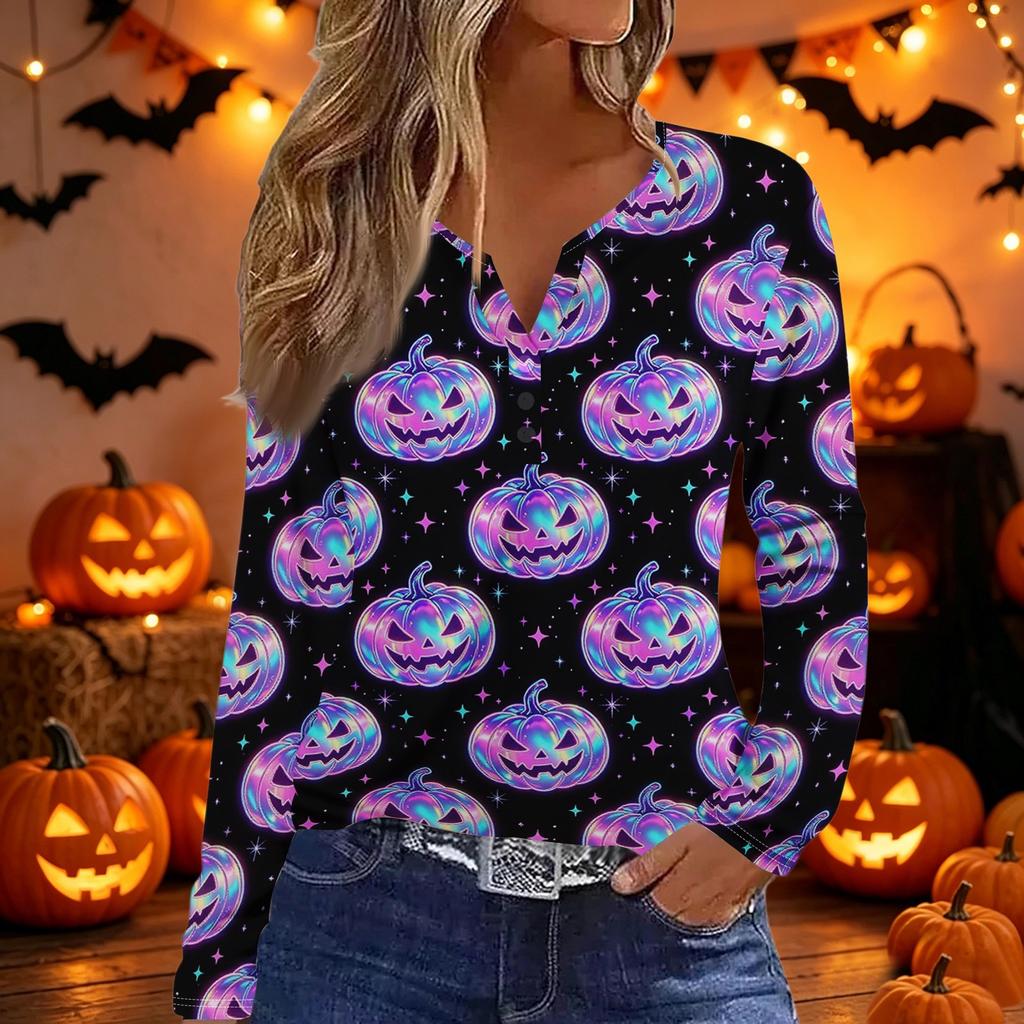 Women's Long Sleeve V Neck T Shirt Halloween Print Button Detail Casual Fashion Top Slim Fit Stretchy Fabric Comfortable Wear