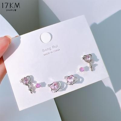 Cercei cu inimă roz pentru femei, fete, cu fundă coreeană, set de cercei, cercei cu picătură de cristal dulce, bijuterii de modă