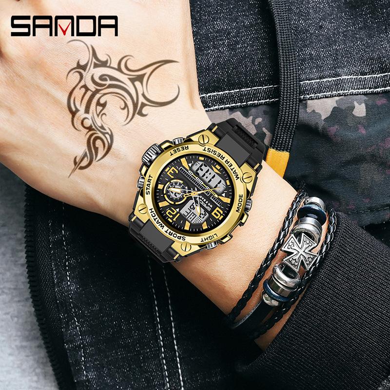 SANDA Electronic Watch Trendy Cool Electronic Watch Multi-function Alarm Clock Men's Wristwatch