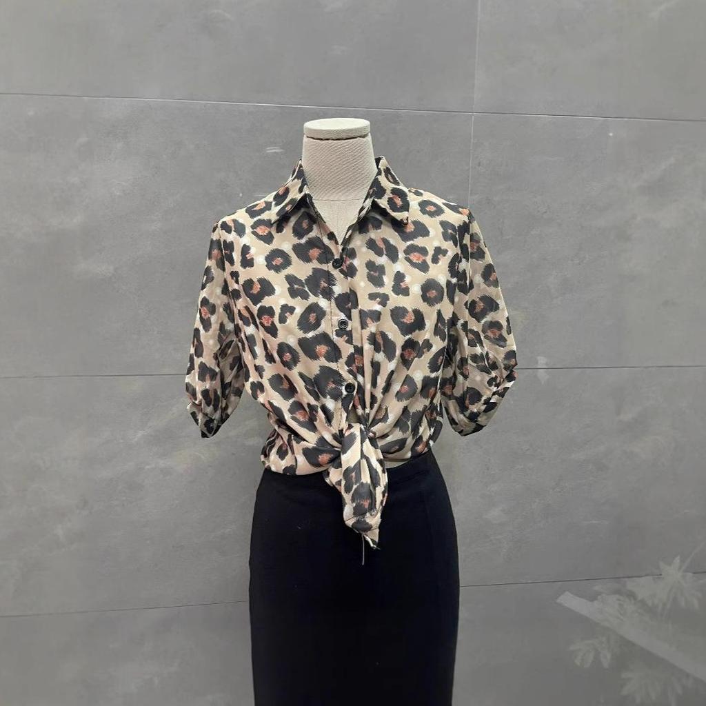 Leopard Print Retro Chiffon Shirt: Loose, Versatile, Short Sleeve Lapel Top for Women