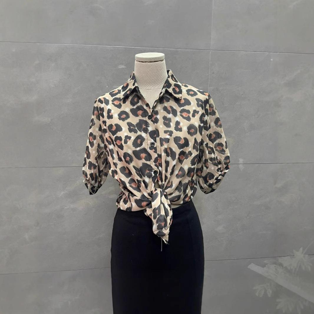 

Ретро шифоновая рубашка с леопардовым принтом: Свободный, Универсальный, Топ с лацканами и коротким рукавом для женщин S (around 95 jin)