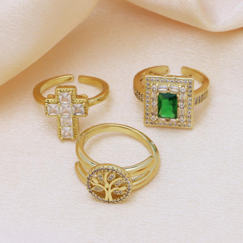 Copper Plated Zirconium Lucky Tree Cross Open Ring Women'S Light Luxury Design Hand Jewelry