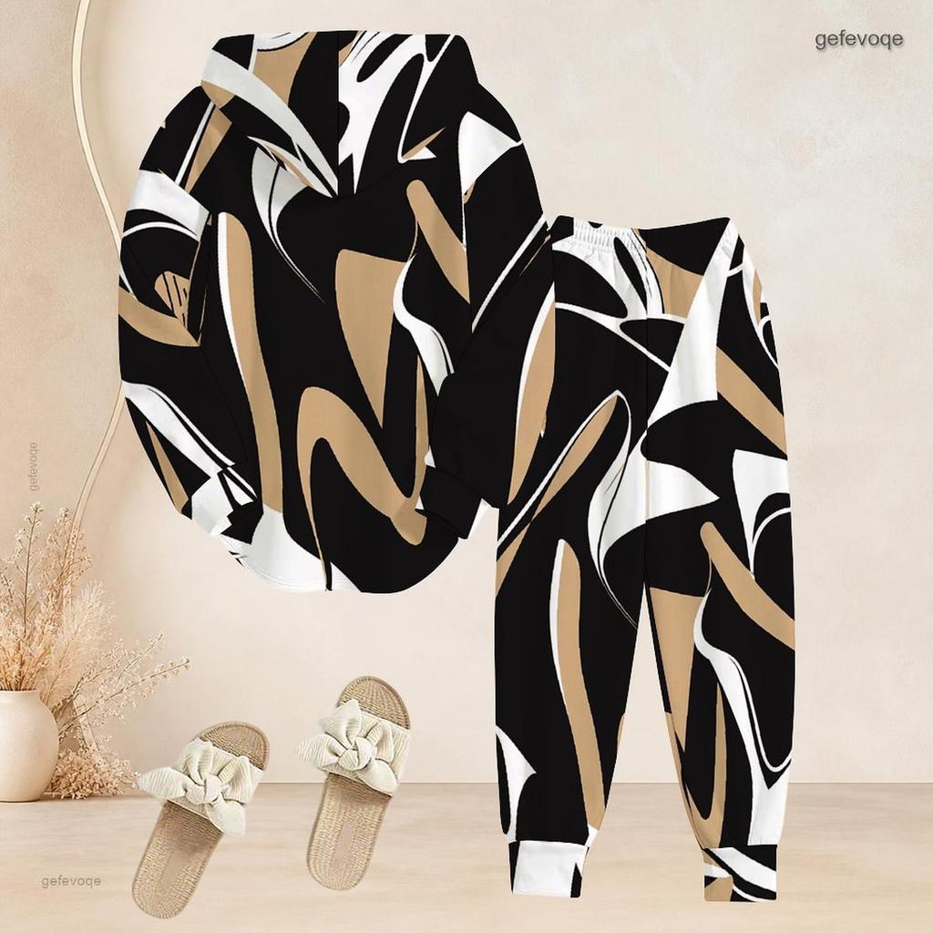 Women Plus Size Printed Two Piece Set Long Sleeve Hooded Top Cuffed Pants