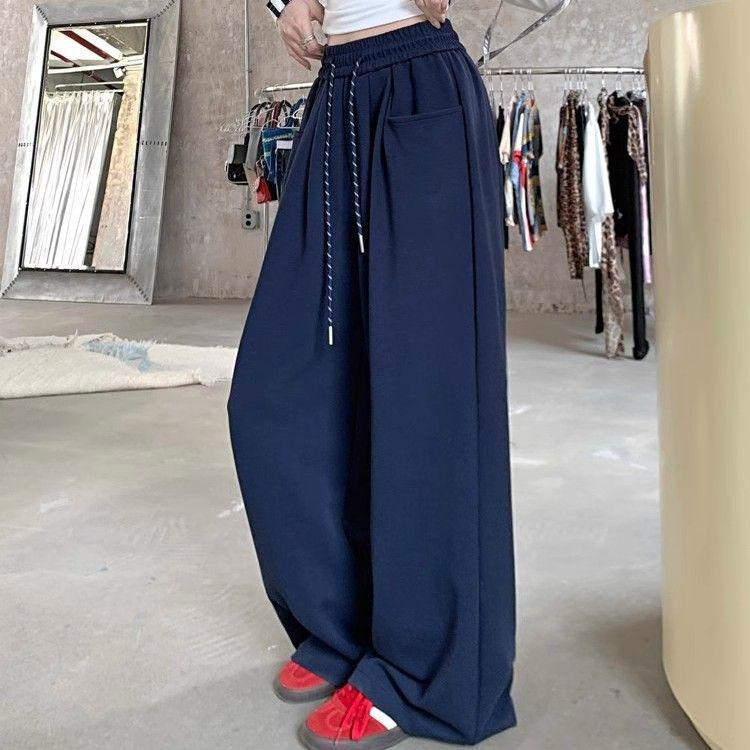 

Женские осенние спортивные брюки с высокой талией и кулиской - Модные, Свободные, Повседневные и Удобные. M темно-синий