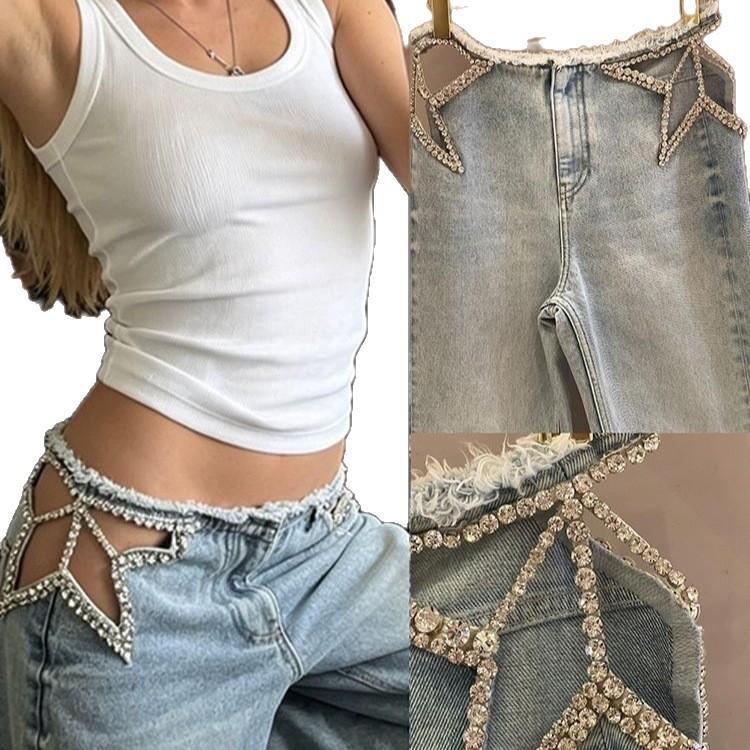 Amerikanische Retro-Stern-Hohl-Heiß-Diamant-Jeans Kinder Sommer Neu Spice Girl Design-Sinn Lässige Bodenwischer-Hose
