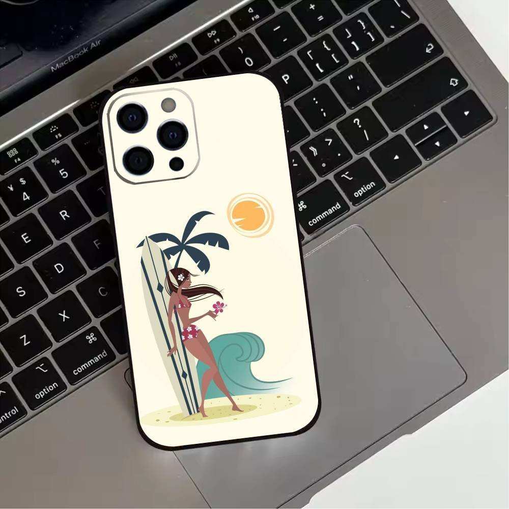 Surfboard Surfing Art Surf Girl Phone Case For iPhone 17,16,15,14,13,12,11 Plus,Pro Max,XS,Soft Silicone Black Cover