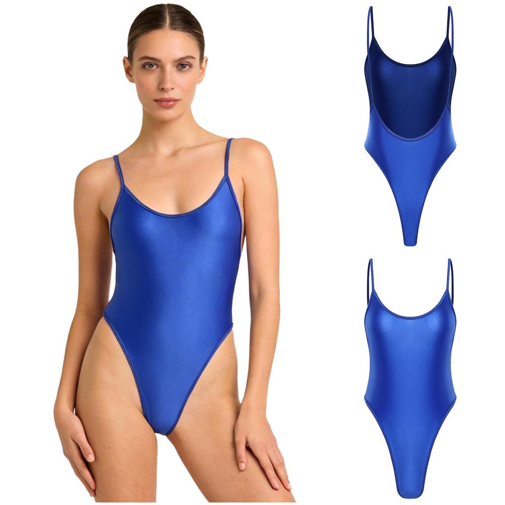 Women Nightclub Beach Swimsuit Oil-shiny Glossy Leotard Backless High-cut Stretchy Sling Bodysuit One-piece Diving Wear