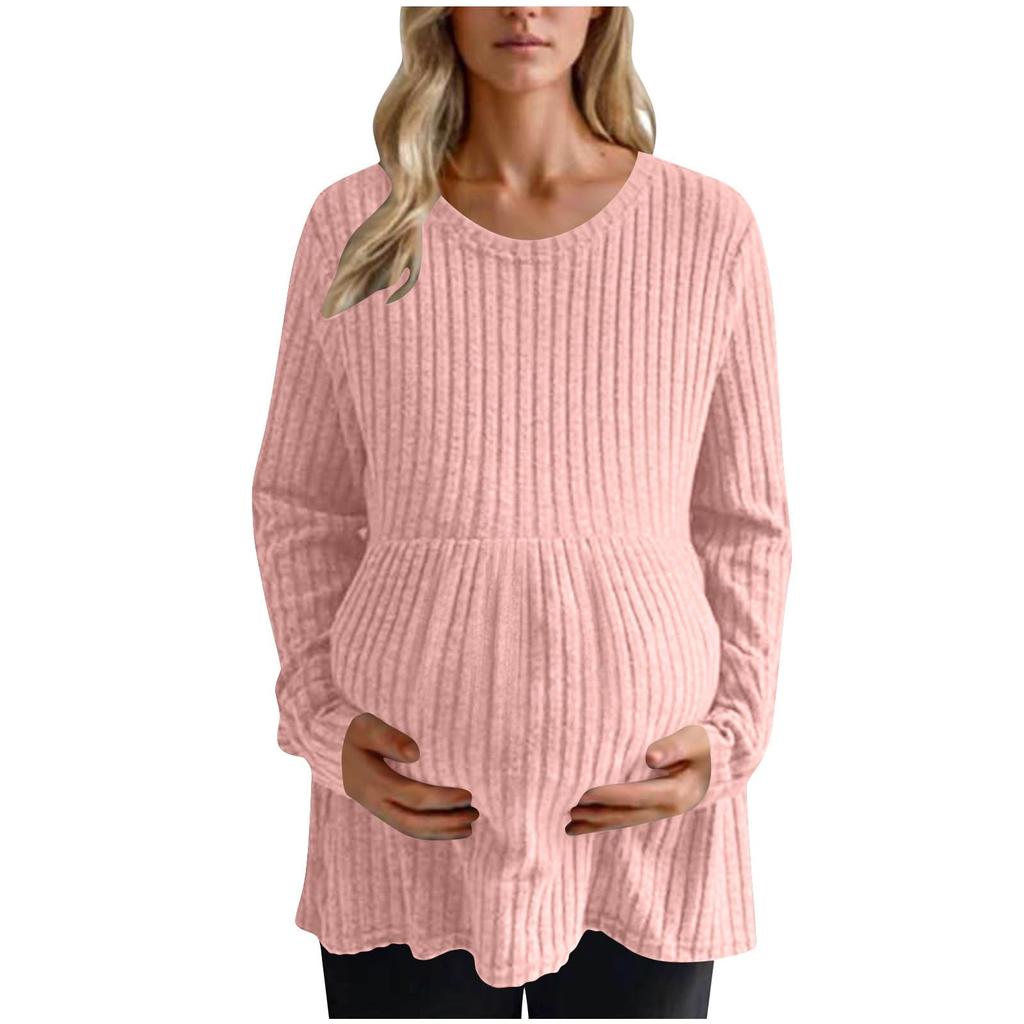 Túnica de Maternidad de Manga Larga para Mujer a la Moda, Top Babydoll Acanalado de Cuello Redondo, Ropa de Maternidad