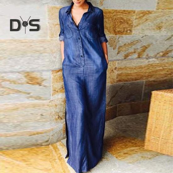 Fall Spring Women Dress Solid Color Loose Denim Turn Down Collar Long Sleeve Ankle Length Button Split Hem Plus Size Bohemian Commute Maxi Dress