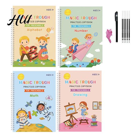 Kids Writing Practice 4Pcs Grooved Book with Pens Refills Pencil Gripper Reusable Handwriting Workbooks Alphabet Tracing Learning Children Workbook B