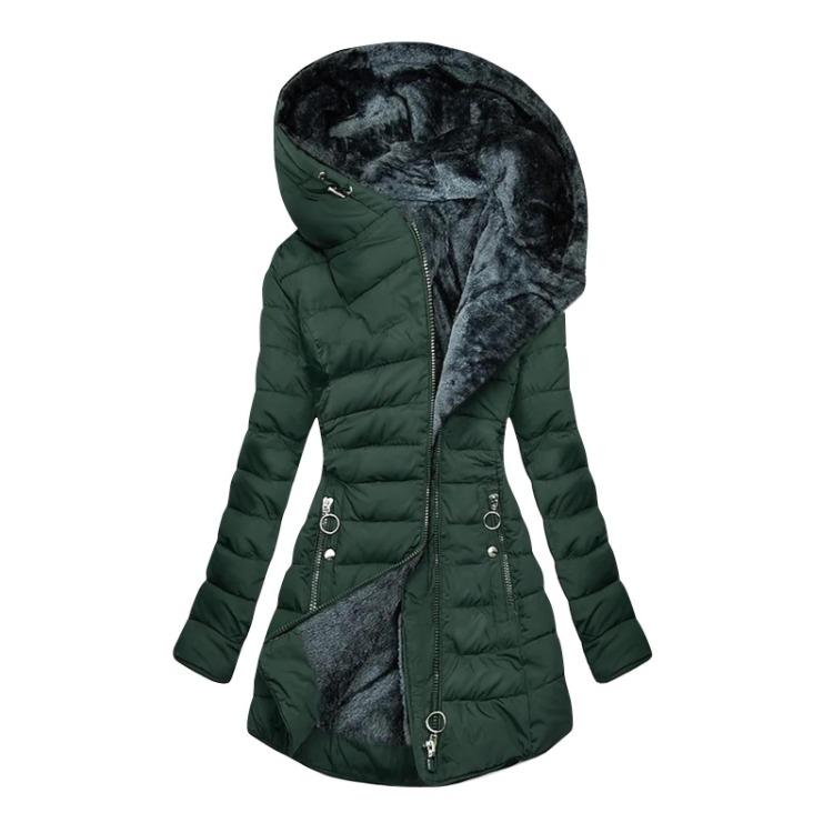 Warm Women Cotton Hooded Jacket Long Zipper Pockets Casual Outerwear