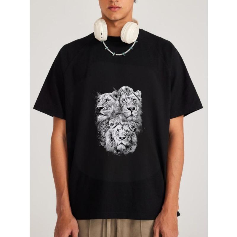 Crewneck T Shirt White Lion Faces Graphic Print Casual Wear for Men and Women Streetwear Fashion Statement Outfit Summer Top