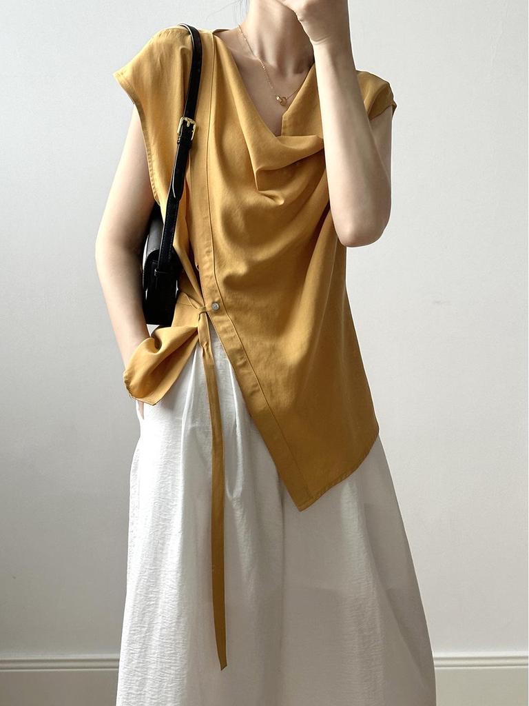 Yanshuang Women's Korean-Style Tencel Sleeveless Swing Collar Shirt with Waist Tie and Slit - Summer 2024