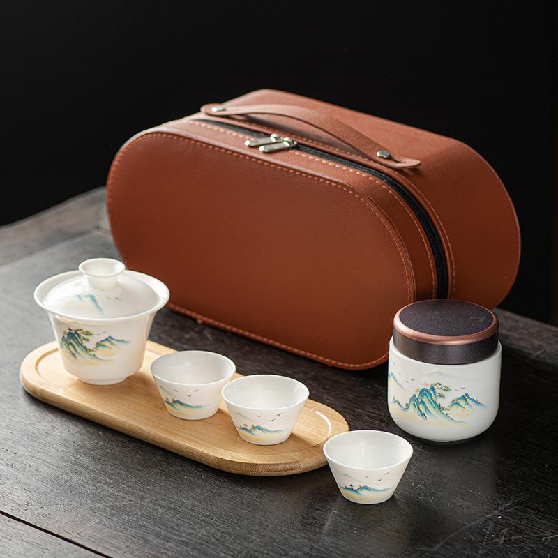Suet Jade White Porcelain Travel Kung Fu Tea Set Outdoor Portable Simple Teapot Ceramic Tea Set Gift Box