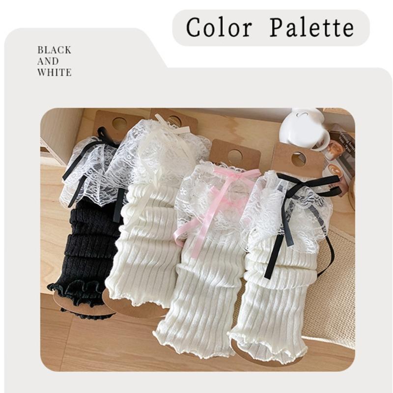Elegant Ribbed Knit Stretch Leg Warmers Boot Cuffs Ruffled Lace Trim Bowknot Leg Cover Over Calf Long Socks for Women