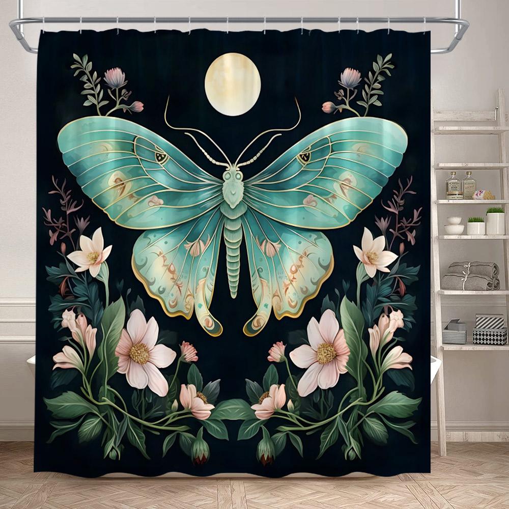 Rustic Floral Moth Shower Curtains Vintage Boho Art Dragonfly Flowers Green Plants Bathroom Curtain Polyester Fabric Home Decor