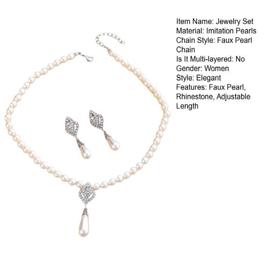 1 Set Schmuckset Kunstperlen Ohrringe Halskette Länge verstellbar Strass Dekor poliert Abschlussball Party Hochzeit Brautschmuck