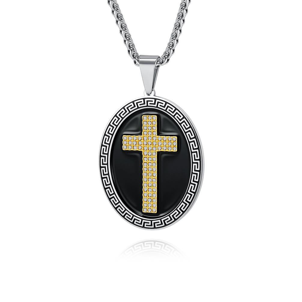 Vintage Trend Round Brand Cross Necklace Men's Hip-Hop Literary Paper Pattern Niche Premium Titanium Steel Pendant