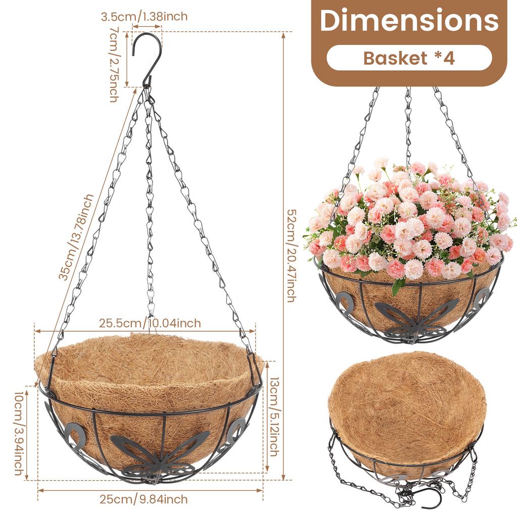 4Pcs 10 Inch Hanging Flower Basket Outdoor Coco Liner Round Hanging Flower Pot with Chain and Hook Metal Plant Basket for Garden