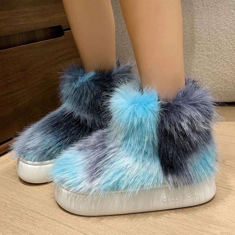 Fashion Tie Dye Fluffy Fur Boots Women Winter Plush Warm Snow Boots Woman Street Style Thick Sole Non Slip Cotton Padded Shoes