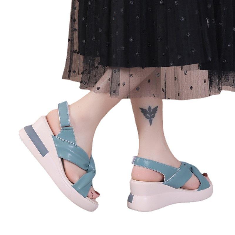 Border Trade Large Size Sandals Women's 2025 Spring and Summer New Cross Belt Thick-soled Slope Heel Low Heel Casual Buckle Sandals Women