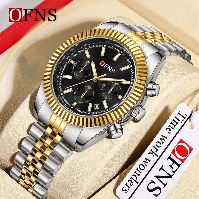 Oufannishi Men's Multifunction Chronograph Quartz Watch with Calendar and Stainless Steel Band, Waterproof Design