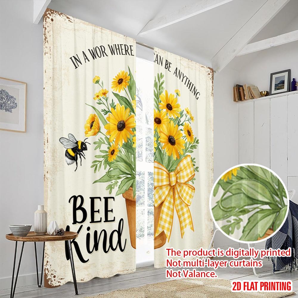 2pcs 2D flat printing Curtain Floral Bee Kind Pot Polyester Without Electricity Festive Holiday Perfect for Holiday Celebrations