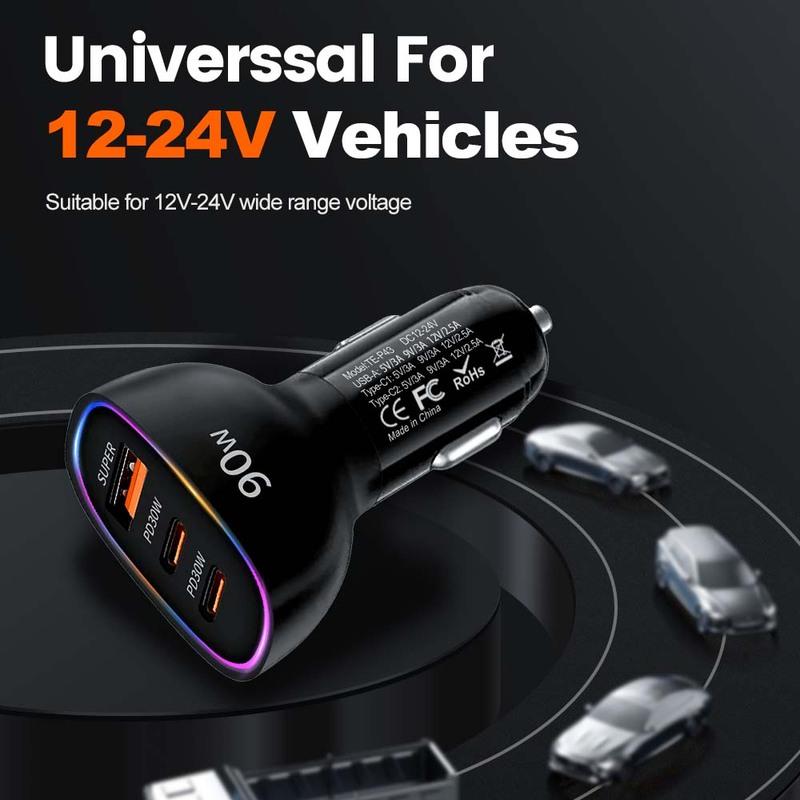 90W USB Car Charger 3 Ports Dual PD30W QC3.0 Super Fast Charging Power Adapter Universal Car Phone Charger For iPhone 17 16 Pro