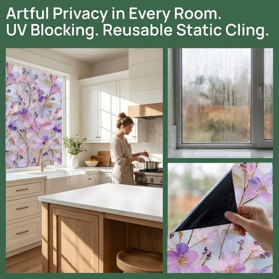Pellicola per Vetri Colorati Privacy, Adesivi Murali Floreali per Finestre, Adesivi Floreali Strappabili Blocca-UV per Arredamento Camera da Letto, Soggiorno, Ufficio