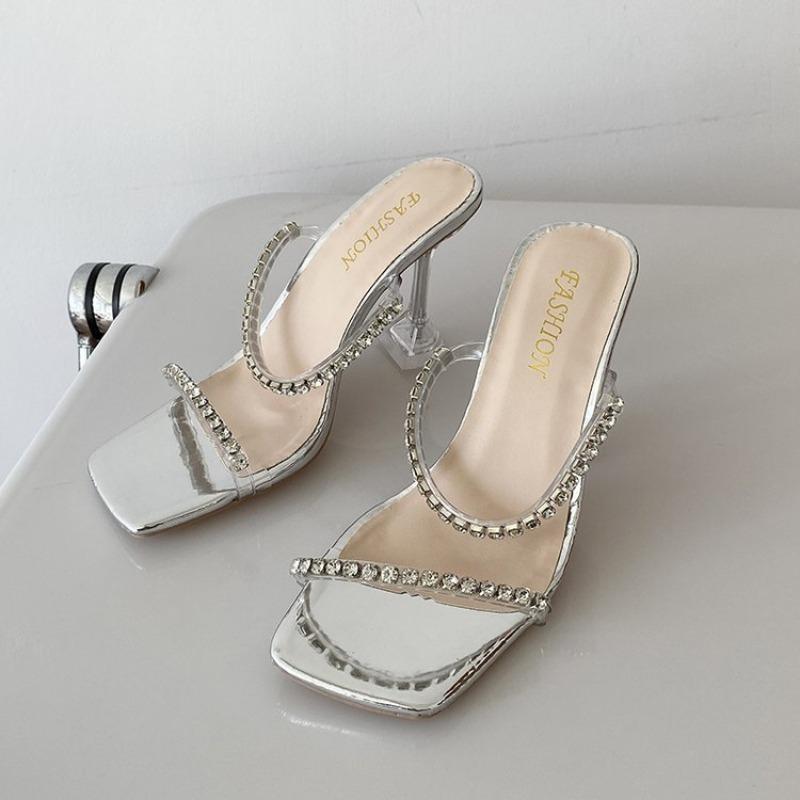 Fashion Summer New Square Toe Rhinestone High Heels Wine Glass Heel Transparent Slip Strap Stiletto Sandals for Women