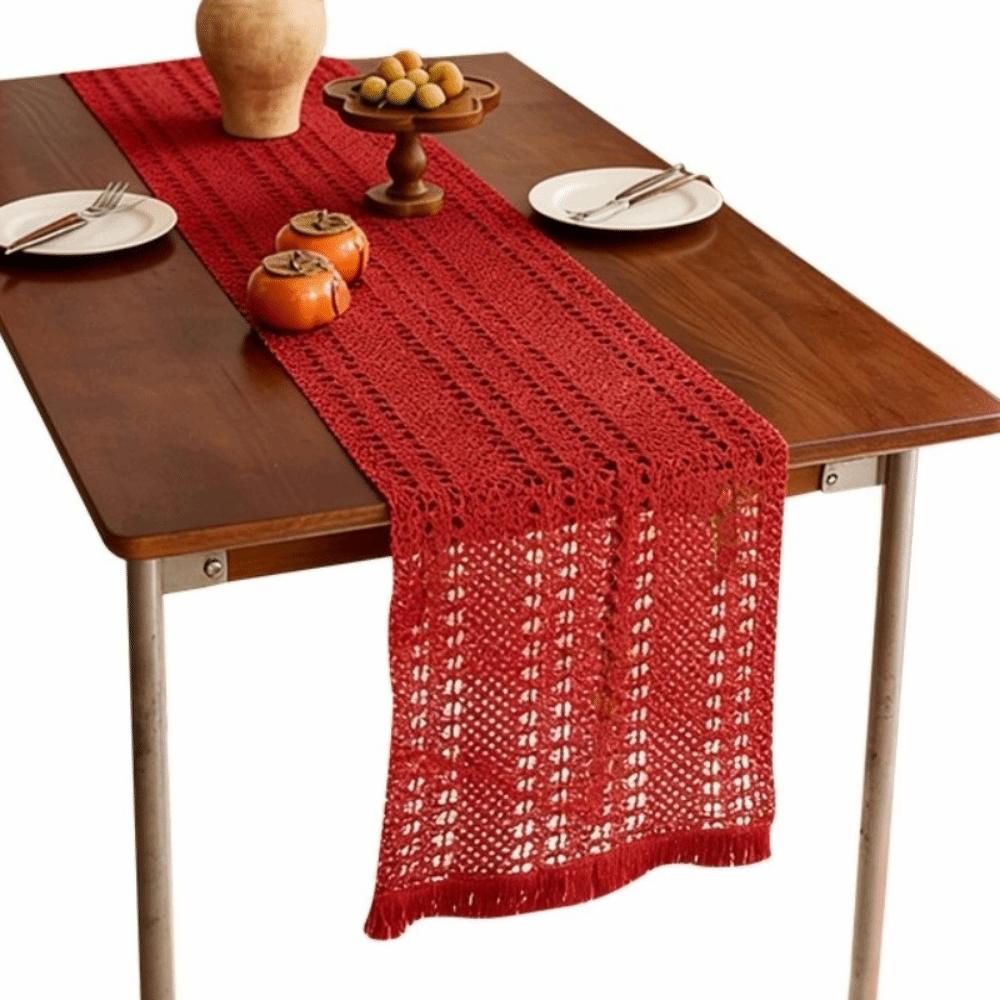 Camino de Mesa Decorativo de Año Nuevo Chino Tradicional Vintage Hueco con Borlas Runner Tira Larga Elegante Mantel Rojo